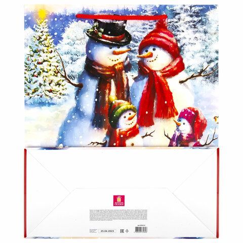 Пакет подарочный (1 штука) новогодний 26x13x32 см, ЗОЛОТАЯ СКАЗКА 12 шт. &quot;Snowman&quot;, глиттер, 608232