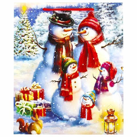Пакет подарочный (1 штука) новогодний 26x13x32 см, ЗОЛОТАЯ СКАЗКА 12 шт. &quot;Snowman&quot;, глиттер, 608232