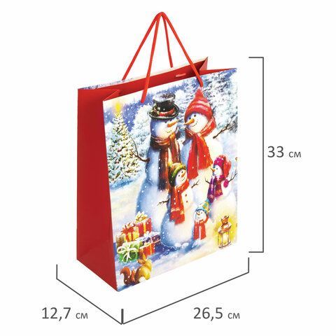 Пакет подарочный (1 штука) новогодний 26x13x32 см, ЗОЛОТАЯ СКАЗКА 12 шт. &quot;Snowman&quot;, глиттер, 608232