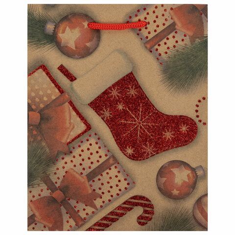 Пакет подарочный (1 штука) новогодний 18x10x23 см, ЗОЛОТАЯ СКАЗКА 12 шт. &quot;Christmas Kraft&quot;, глиттер, 608235