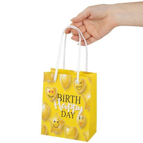 Пакет подарочный (1 штука) 11x6x15 см, ЗОЛОТАЯ СКАЗКА 12 шт. &quot;Happy Birthday&quot;, глиттер, желтый, 608237