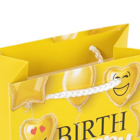 Пакет подарочный (1 штука) 11x6x15 см, ЗОЛОТАЯ СКАЗКА 12 шт. &quot;Happy Birthday&quot;, глиттер, желтый, 608237
