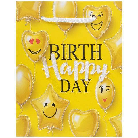 Пакет подарочный (1 штука) 11x6x15 см, ЗОЛОТАЯ СКАЗКА 12 шт. &quot;Happy Birthday&quot;, глиттер, желтый, 608237