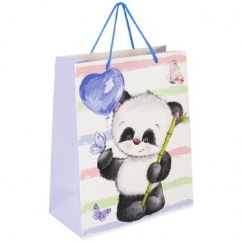 Пакет подарочный (1 штука) 26x13x32 см, ЗОЛОТАЯ СКАЗКА 12 шт. "Lovely Panda", глиттер, белый с голубым, 608241