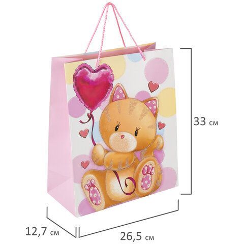 Пакет подарочный (1 штука) 26x13x32 см, ЗОЛОТАЯ СКАЗКА 12 шт. &quot;Lovely Kitty&quot;, глиттер, белый/розовый, 608242