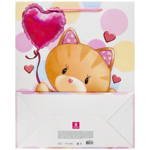 Пакет подарочный (1 штука) 26x13x32 см, ЗОЛОТАЯ СКАЗКА 12 шт. &quot;Lovely Kitty&quot;, глиттер, белый/розовый, 608242