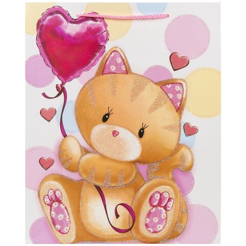 Пакет подарочный (1 штука) 26x13x32 см, ЗОЛОТАЯ СКАЗКА 12 шт. &quot;Lovely Kitty&quot;, глиттер, белый/розовый, 608242