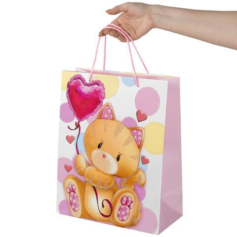 Пакет подарочный (1 штука) 26x13x32 см, ЗОЛОТАЯ СКАЗКА 12 шт. &quot;Lovely Kitty&quot;, глиттер, белый/розовый, 608242