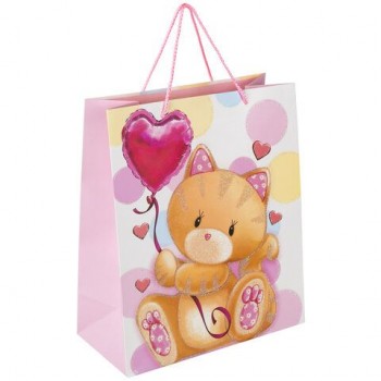 Пакет подарочный (1 штука) 26x13x32 см, ЗОЛОТАЯ СКАЗКА 12 шт. "Lovely Kitty", глиттер, белый/розовый, 608242