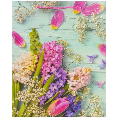 Пакет подарочный (1 штука) 26x13x32 см, ЗОЛОТАЯ СКАЗКА 12 шт. &quot;Spring Flowers&quot;, глиттер, розовый, 608247