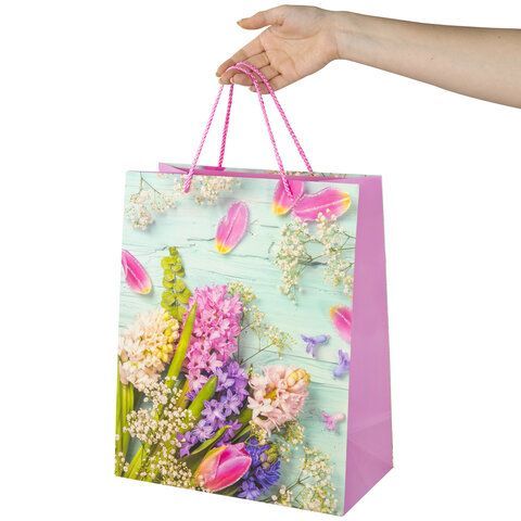Пакет подарочный (1 штука) 26x13x32 см, ЗОЛОТАЯ СКАЗКА 12 шт. &quot;Spring Flowers&quot;, глиттер, розовый, 608247