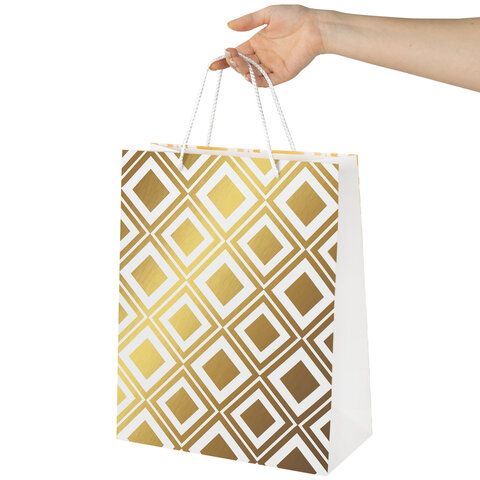 Пакет подарочный (1 штука) 26x13x32 см, ЗОЛОТАЯ СКАЗКА 12 шт. &quot;Gold Luxury&quot;, тиснение фольгой, белый, 608249