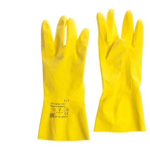 Перчатки латексные КЩС, сверхпрочные, плотные, хлопковое напыление, размер 7 S, малый, желтые, HQ Profiline, 73581