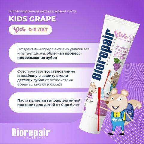 Зубная паста детская 50 мл BIOREPAIR &quot;Виноград&quot;, ИТАЛИЯ, GA1730300