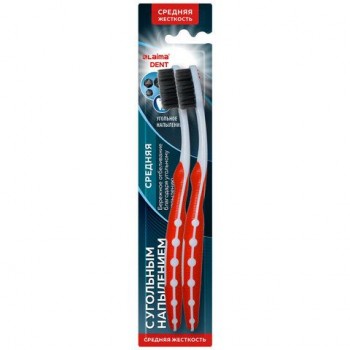 Зубная щетка средней жесткости, щетинки с угольным напылением, КОМПЛЕКТ 2 шт, LAIMA 12 шт. DENT, 609319