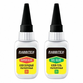 Клей-гель + суперклей секундный УЛЬТРАПРОЧНЫЙ, МАКСИМАЛЬНЫЙ ОБЪЕМ, набор 2х20 грамм, RABBITEX (РАББИТЕКС) "ДВА СЛОНА", 609806