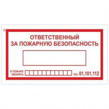 Знак вспомогательный "Ответственный за пожарную безопасность", 250х140 мм, пленка самоклеящаяся, 610049/В43