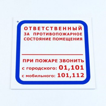 Знак "Ответственный за противопожарное состояние помещения/При пожаре звонить..", 200*200*2 мм, пластик, F16