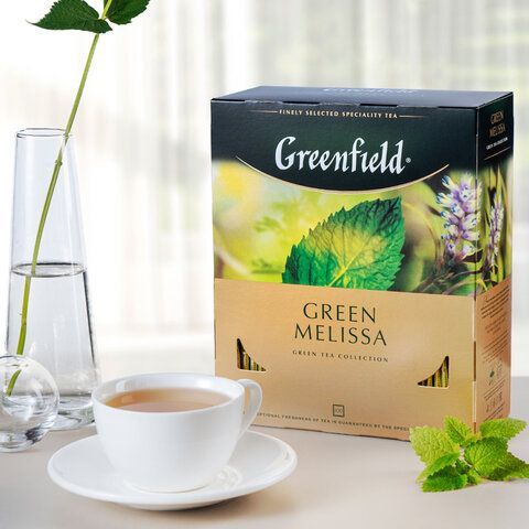 Чай GREENFIELD &quot;Green Melissa&quot; зеленый с мятой и мелиссой, 100 пакетиков в конвертах по 1,5 г, 0879