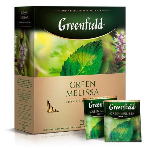 Чай GREENFIELD &quot;Green Melissa&quot; зеленый с мятой и мелиссой, 100 пакетиков в конвертах по 1,5 г, 0879