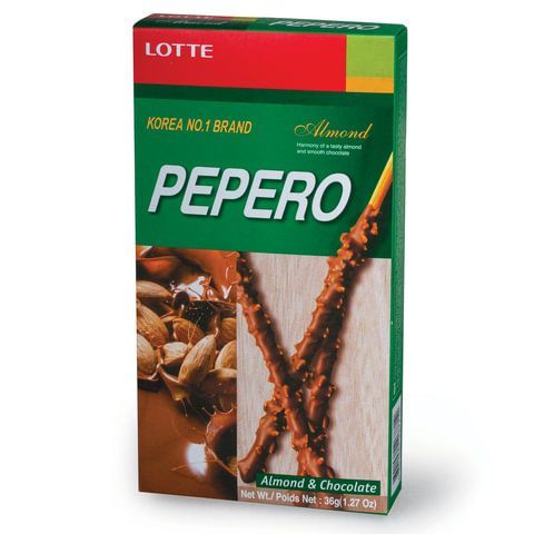 Печенье-соломка LOTTE 2 шт. &quot;Pepero Almond&quot;, в шоколадной глазури с миндалем, в картонной упаковке, 36 г, Корея, 62004MO