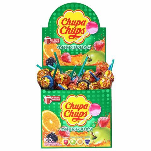 Карамель CHUPA CHUPS 100 шт. (Чупа-Чупс) фруктовая с соком + кола, 12 г, 61888