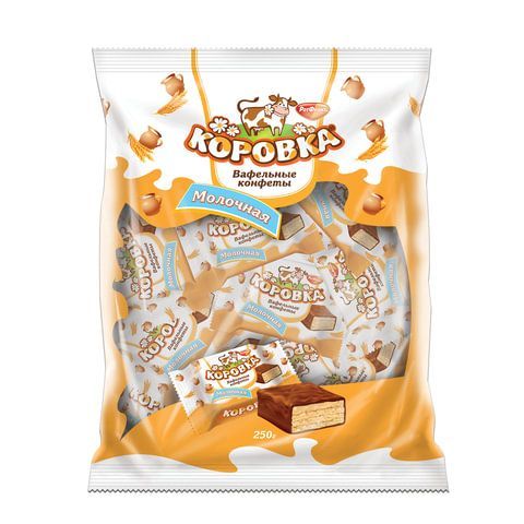 Конфеты шоколадные РОТ ФРОНТ &quot;Коровка&quot;, вафельные с молочной начинкой, 250 г, пакет, РФ09755