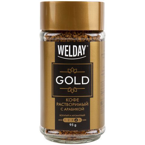 Кофе растворимый WELDAY &quot;GOLD&quot; 95 г, стеклянная банка, сублимированный, 622675
