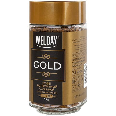 Кофе растворимый WELDAY &quot;GOLD&quot; 95 г, стеклянная банка, сублимированный, 622675