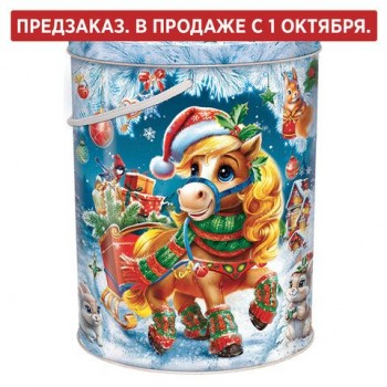 Подарок новогодний "НОВОГОДНИЙ КУРЬЕР",1000 г, НАБОР конфет, жестяная туба с ручкой, МОСУПАК