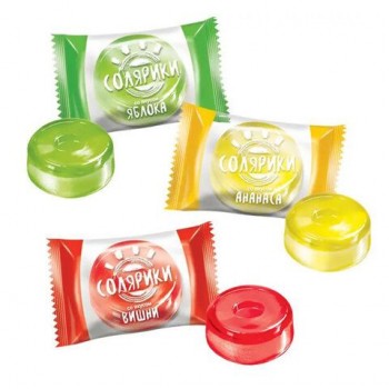 Карамель леденцовая СОЛЯРИКИ 6 шт. ассорти (яблоко, ананас, вишня), 1 кг, РНК662