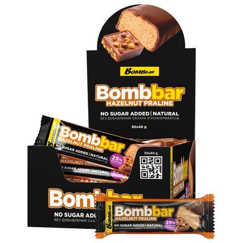 Батончик BOMBBAR "Фундучное пралине" без сахара 40 г, шоу-бокс, ББР100