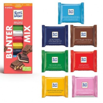 Шоколад порционный 1 плитка RITTER SPORT 18 шт., ассорти, 16,67 г, ЯРКАЯ КОЛЛЕКЦИЯ