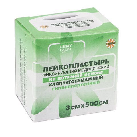 Лейкопластырь медицинский фиксирующий в рулоне LEIKO 12 шт. 3х500 см, на нетканой хлопчатобумажной основе, в картонной коробке, 531728
