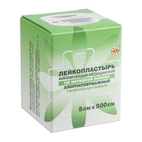 Лейкопластырь медицинский фиксирующий в рулоне LEIKO 6 шт. 5х500 см, на нетканой хлопчатобумажной основе, в картонной коробке, 531720