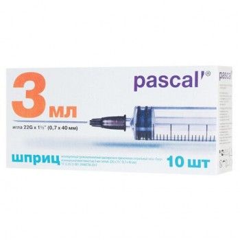 Шприц 3-х компонентный PASCAL 8 шт., 3 мл, КОМПЛЕКТ 10 шт., в коробке, игла 0,7х40 - 22G, 120307