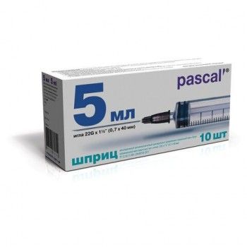 Шприц 3-х компонентный PASCAL 6 шт., 5 мл, КОМПЛЕКТ 10 шт., в коробке, игла 0,7х40 - 22G, 120407