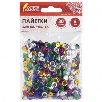 Пайетки для творчества "Классика", цвет ассорти, 6 мм, 30 грамм, 5 цветов, ОСТРОВ СОКРОВИЩ 2 шт., 661262