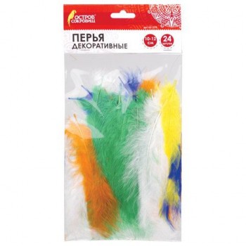 Перья декоративные страусиные, 10-12 см, 24 шт., 6 цветов, яркие, ассорти, ОСТРОВ СОКРОВИЩ 2 шт., 661378