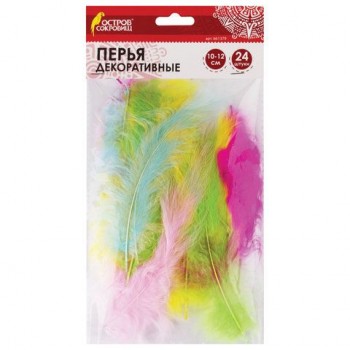 Перья декоративные страусиные, 10-12 см, 24 шт., 6 цветов, пастель, ассорти, ОСТРОВ СОКРОВИЩ 2 шт., 661379