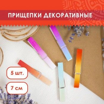 Прищепки декоративные "Яркий градиент", 5 штук, 7,2 см, ассорти, ОСТРОВ СОКРОВИЩ, 662676