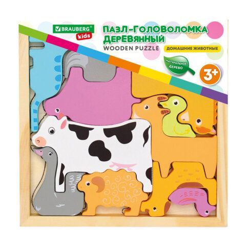 Пазл-деревянный развивающий для детей &quot;Домашние животные&quot;, 17х17 см., BRAUBERG KIDS,