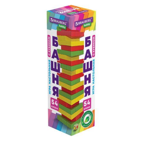 Игра настольная &quot;ЦВЕТНАЯ БАШНЯ&quot;, 54 окрашенных деревянных блока + кубик, BRAUBERG HOBBY, 665493