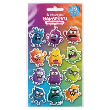 Наклейки зефирные BRAUBERG 12 шт. CUTE MONSTERS, многоразовые, 10*15 см, 666055