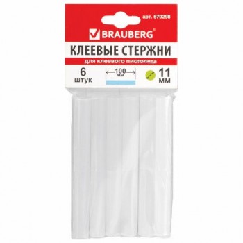 Клеевые стержни, диаметр 11 мм, длина 100 мм, белые, комплект 6 штук, BRAUBERG 4 шт., европодвес, 670298