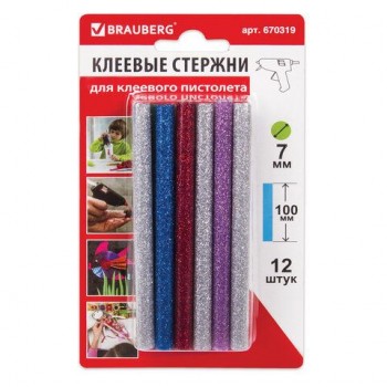 Клеевые стержни, диаметр 7 мм, длина 100 мм, цветные (ассорти), С БЛЕСТКАМИ, КОМПЛЕКТ 12 шт., 6 цветов, BRAUBERG 3 шт., 670319