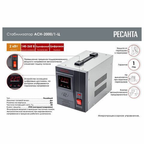 Стабилизатор РЕСАНТА АСН-2000/1-Ц, 2000Вт, 140-260В, наполный, 63/6/4