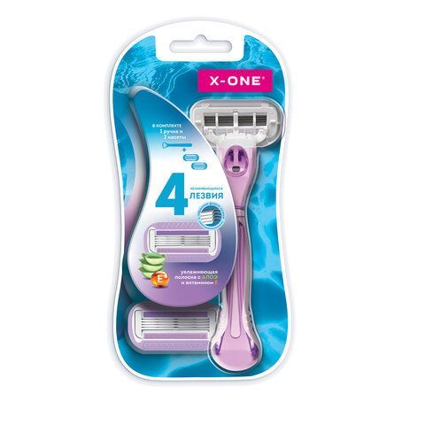 Бритвенный станок многоразовый женский, 4 лезвия, 2 кассеты, X-ONE, 700018