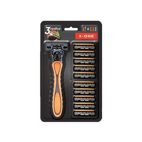 Бритвенный станок многоразовый мужcкой, 3 лезвия, 11 кассет, оранжевый, X-ONE, 700023