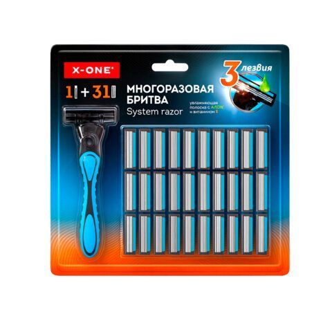Бритвенный станок многоразовый мужской, 3 лезвия, 31 кассета, синий, X-ONE, 700024